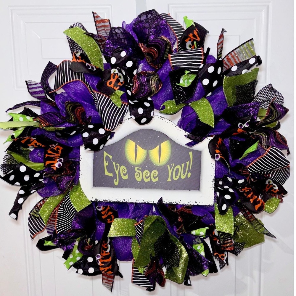 Halloween Wreath Eye See You Spooky Purple Deco Mesh Wired Ribbon Decor 21 Inch